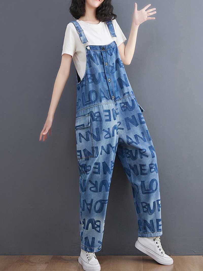 Alphabets Letter Print Denim High Waist Overalls Dungaree