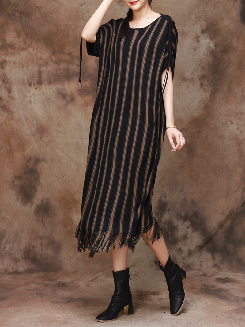 Elegance Striped Knitted Large Size Midi Dress