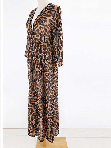 Leopard Print Leopard Color Chiffon Long Length Gown Kimono Duster Robe