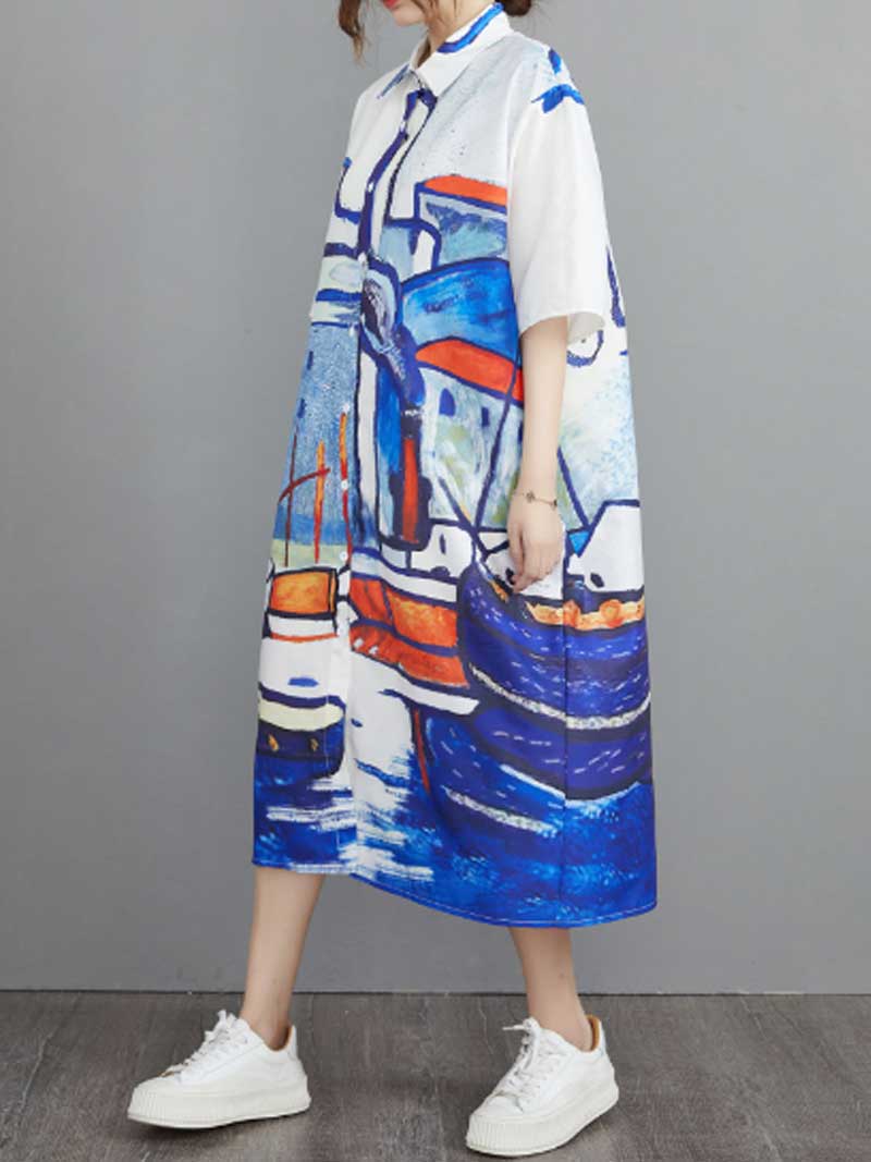 Abstract Art Print Cotton Short Sleeve A-Line Shirt Dress