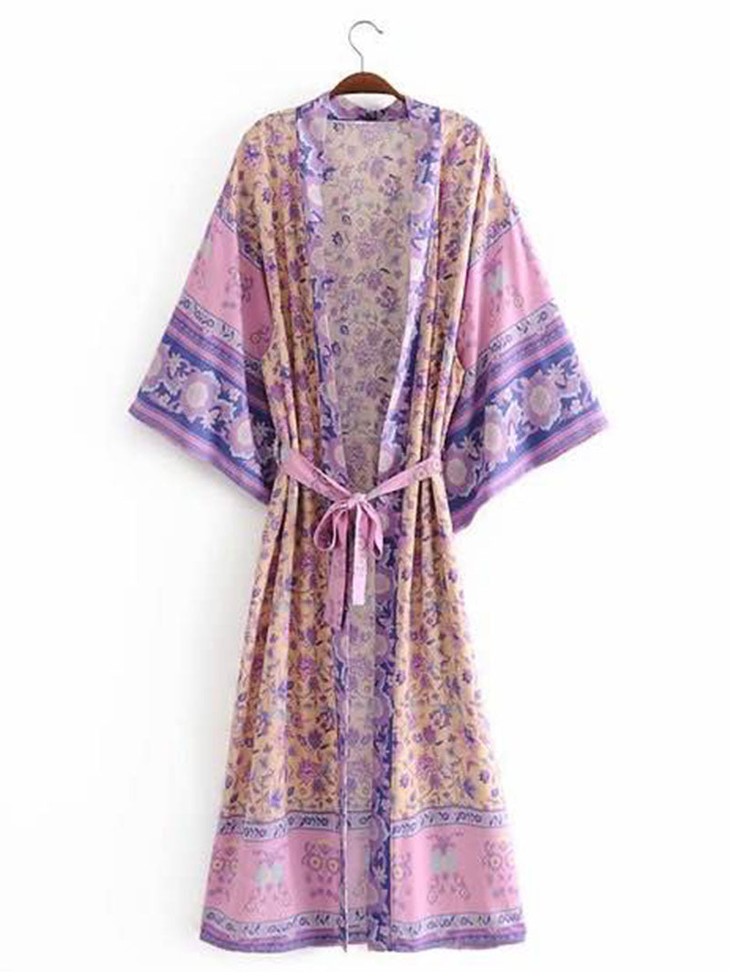 Beachwear Floral Print Violet Color Cotton Long Length Gown Kimono Duster Robe