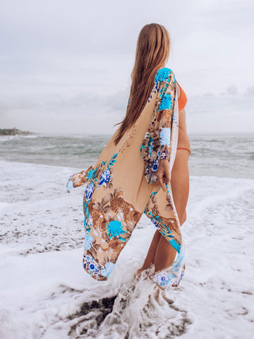 Beachwear Cotton Floral Print With Big Bird on Brown Color Long Length Gown Kimono Duster Robe