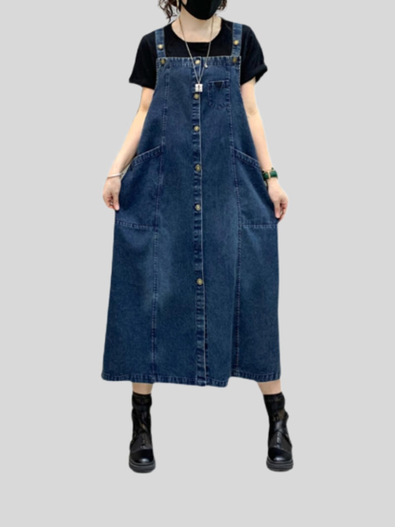 Denim Midi-Length Over-The-Knee Casual Salopette Dress