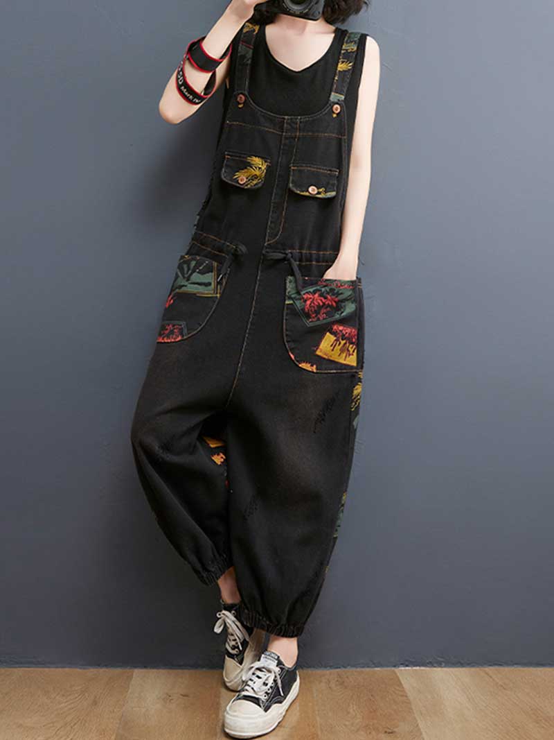 Denim Printed Nine-Point Pants High Waist Overalls Dungaree