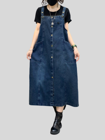 Denim Midi-Length Over-The-Knee Casual Salopette Dress