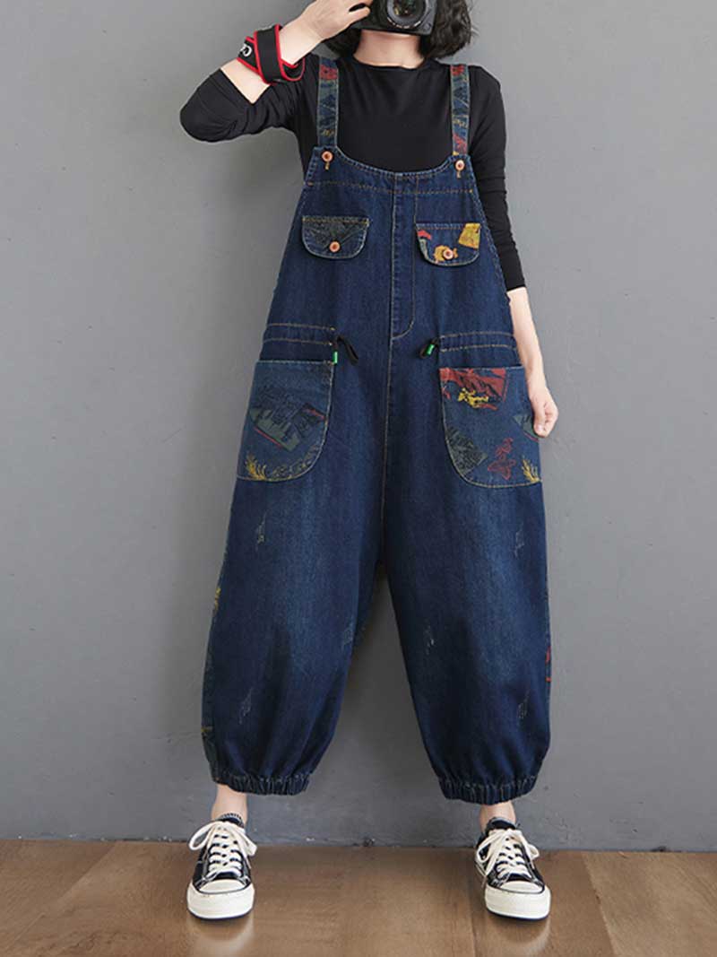 Denim Printed Nine-Point Pants High Waist Overalls Dungaree