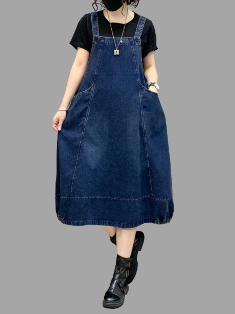 Denim Mid-Length Over-The-Knee Casual Salopette Dress