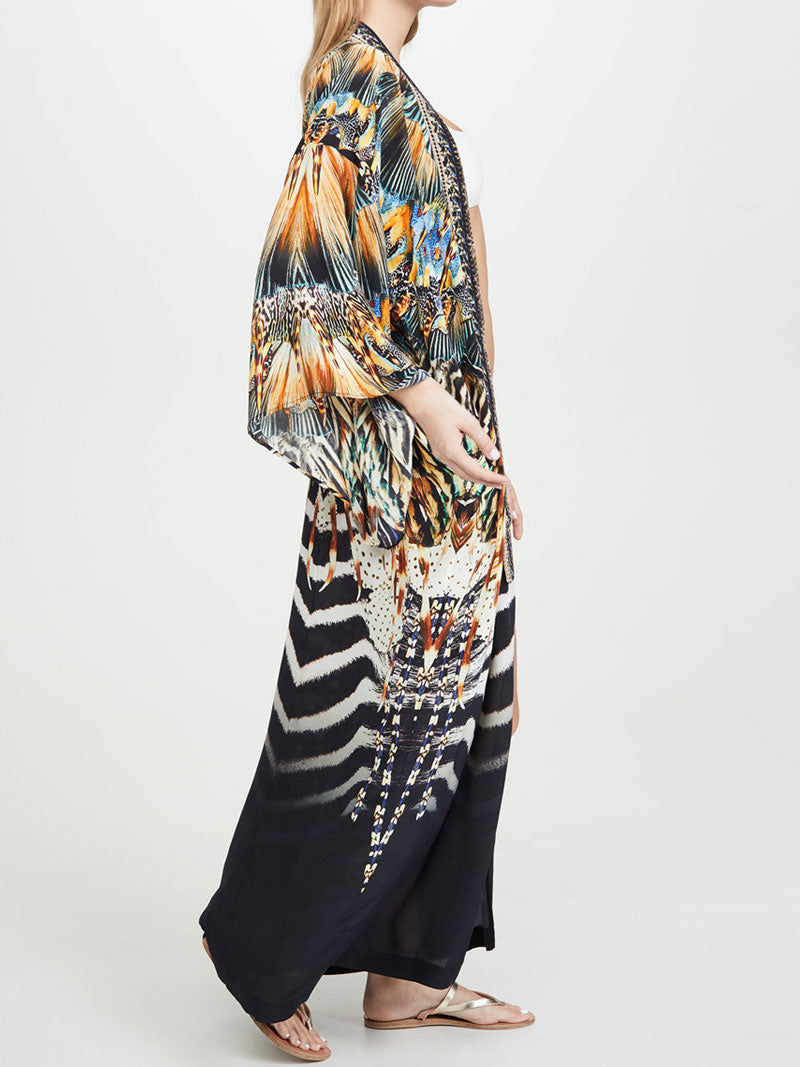 Printed Black Color Polyester Long Length Gown Kimono Duster Robe