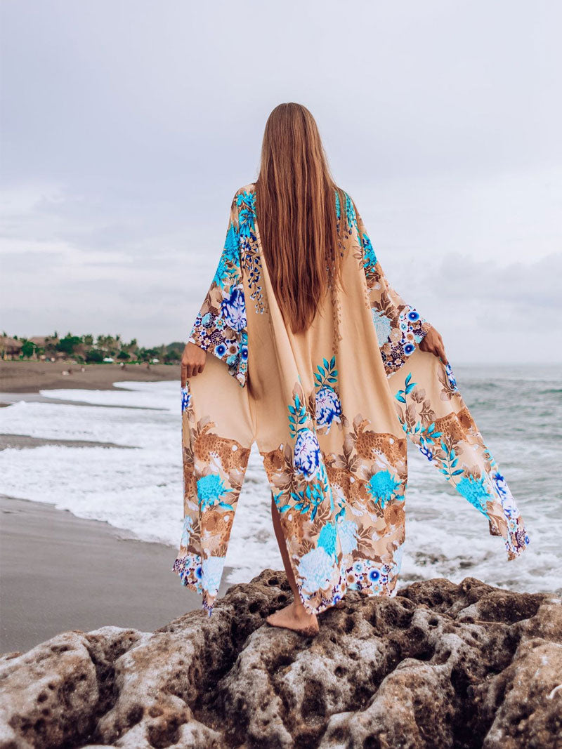 Beachwear Cotton Floral Print With Big Bird on Brown Color Long Length Gown Kimono Duster Robe