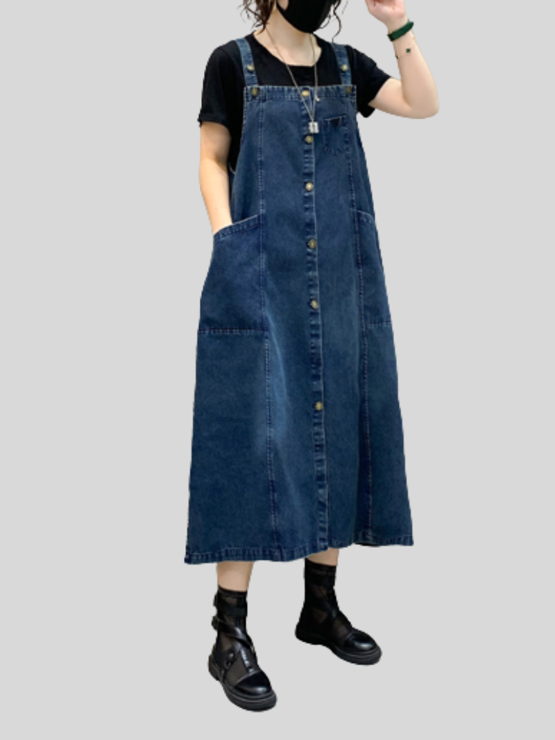 Denim Midi-Length Over-The-Knee Casual Salopette Dress