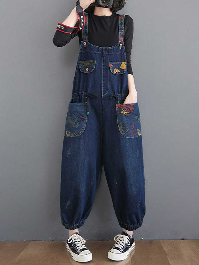 Denim Printed Nine-Point Pants High Waist Overalls Dungaree