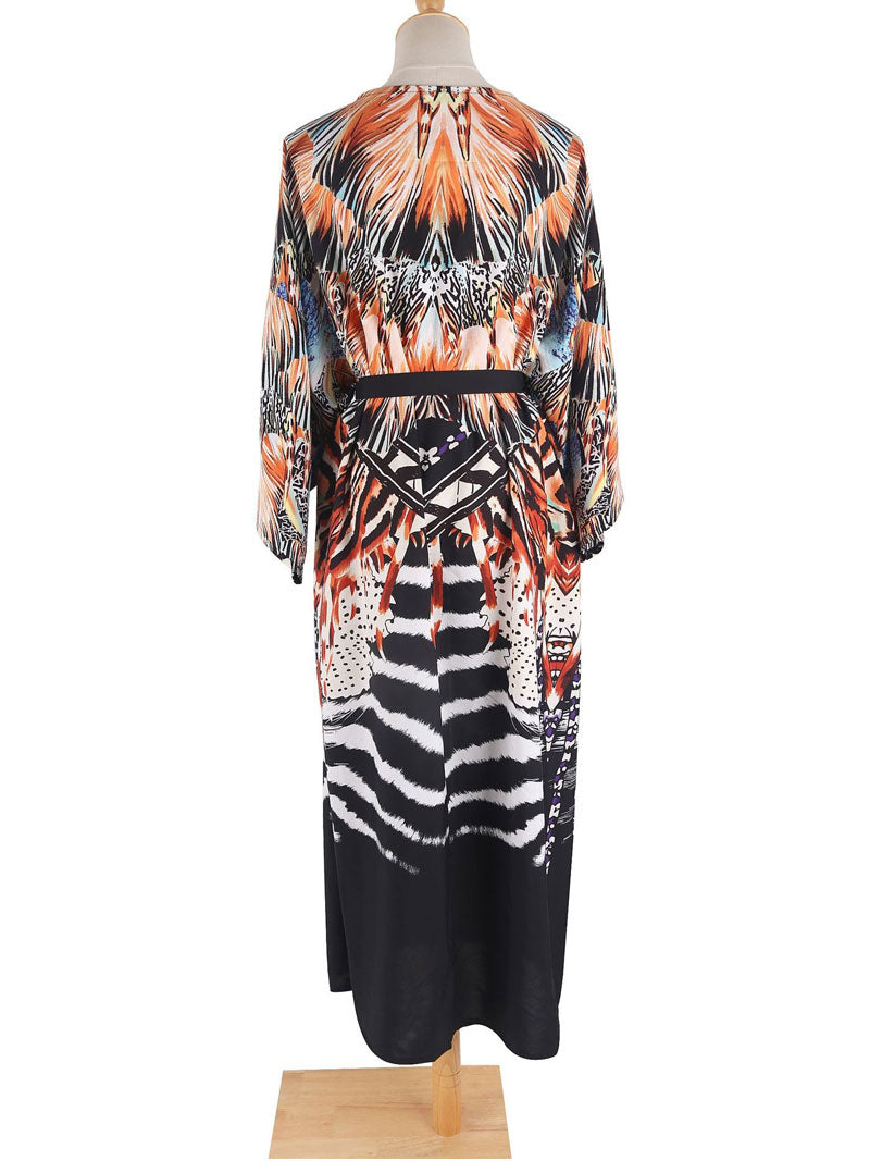 Printed Black Color Polyester Long Length Gown Kimono Duster Robe