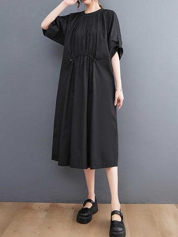 Plain Cotton Short Sleeve A-Line Dress