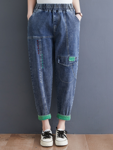 Denim Casual Western Style Loose Large High Waist Denim Pants