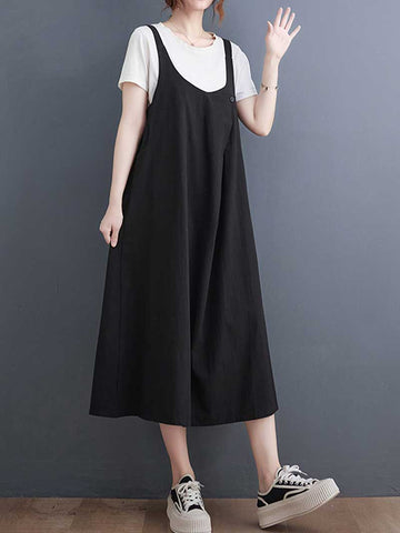 Plain Cotton Round-Neck Salopette Dress