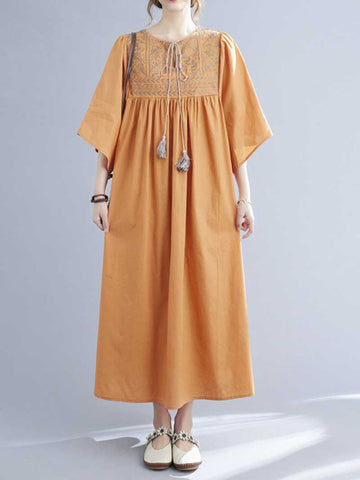 Embroidered Polyester Round-Neck A-Line Dress