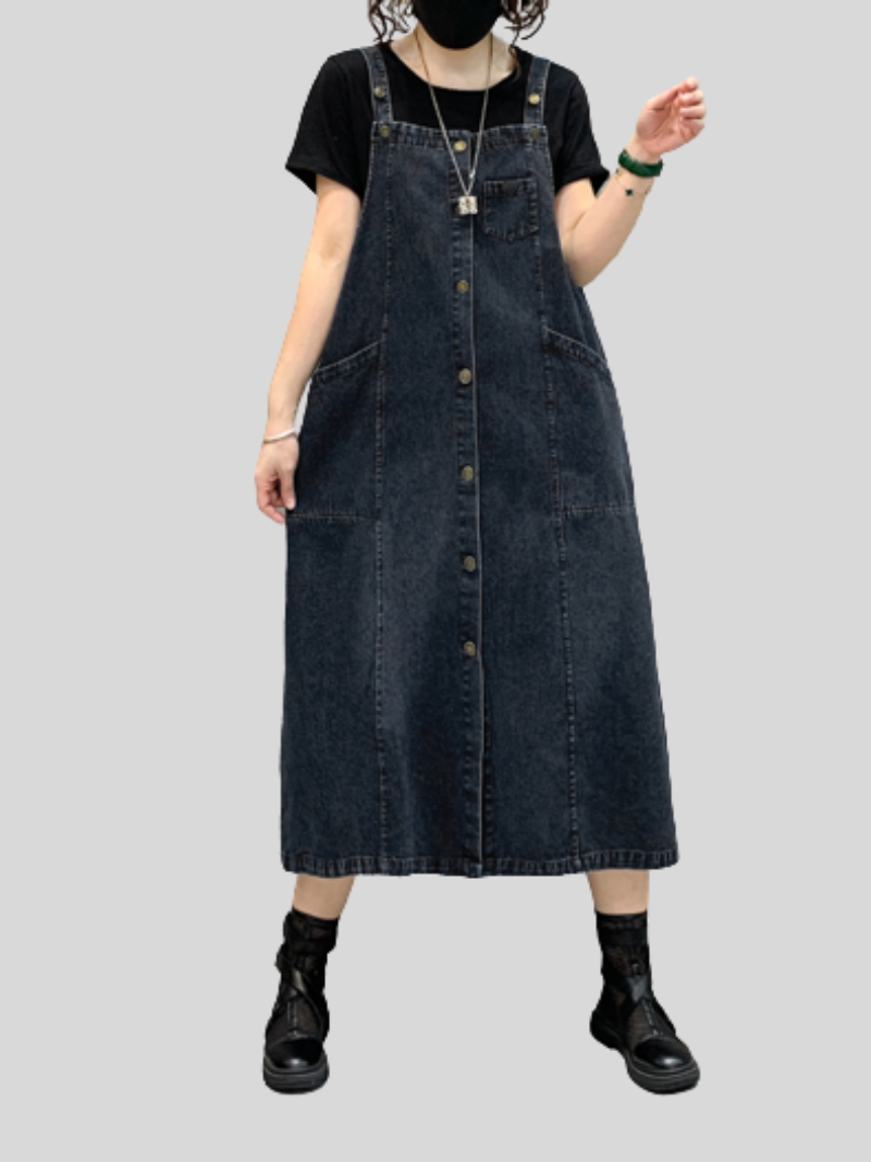 Denim Midi-Length Over-The-Knee Casual Salopette Dress