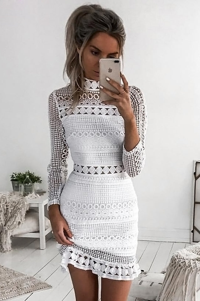 High Neck Short Tight White Lace Dress