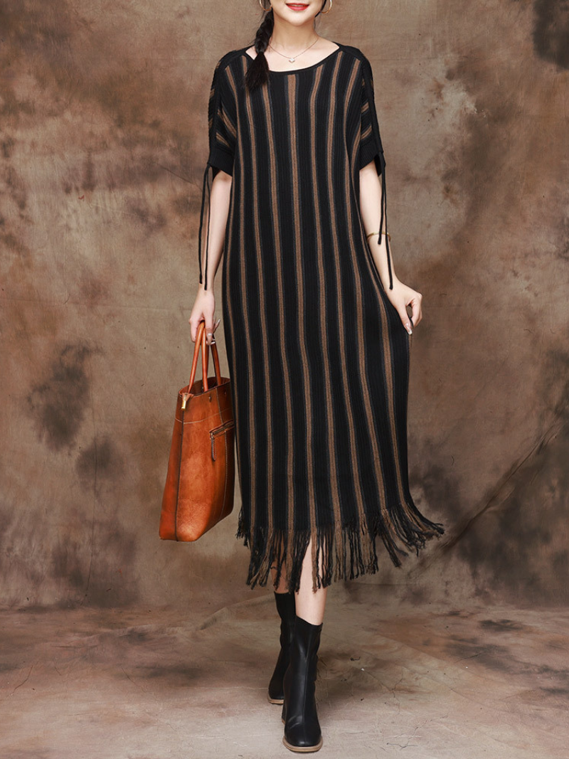 Elegance Striped Knitted Large Size Midi Dress