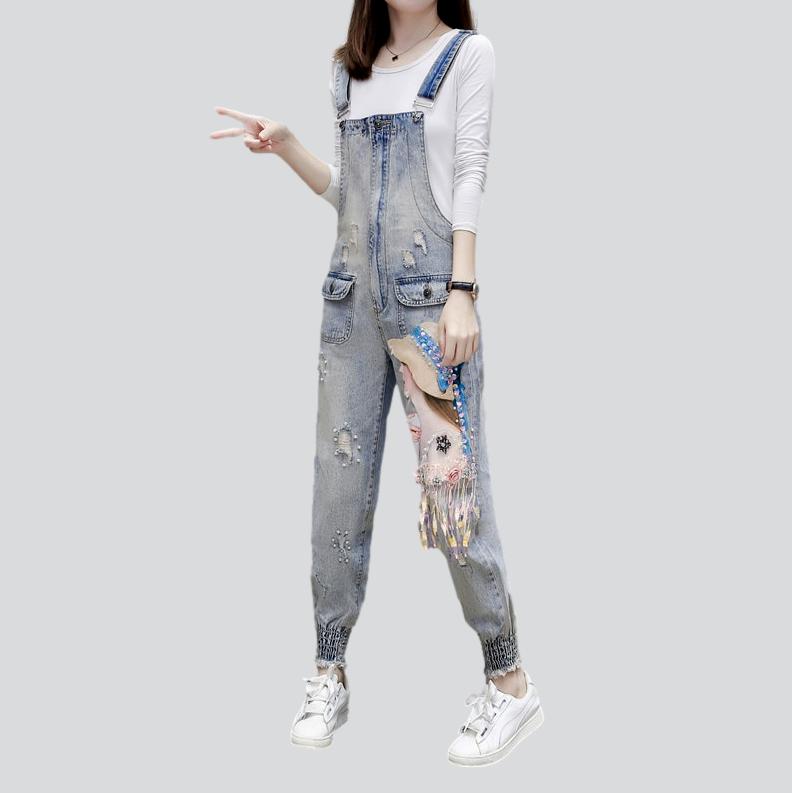 Women's head embroidery denim jumpsuit