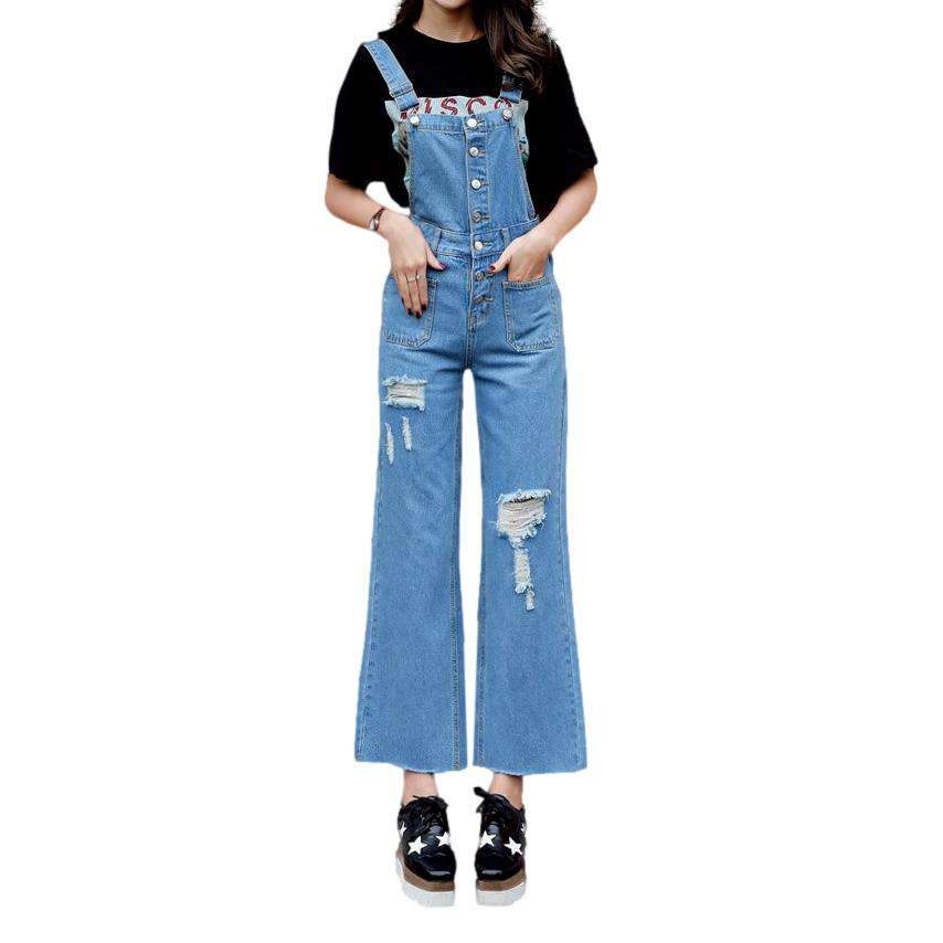 Wide-leg distressed women's denim jumpsuit