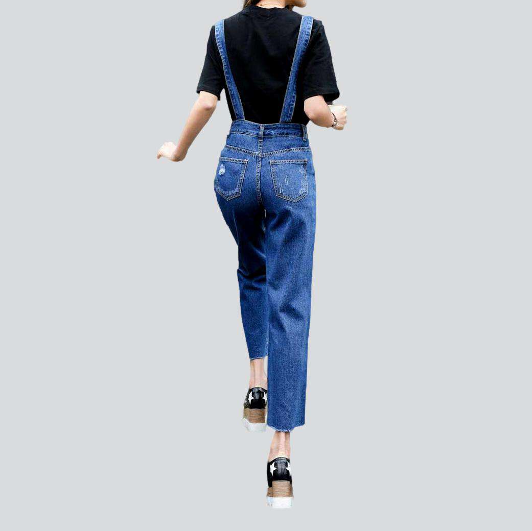 Wide-leg distressed women's denim jumpsuit