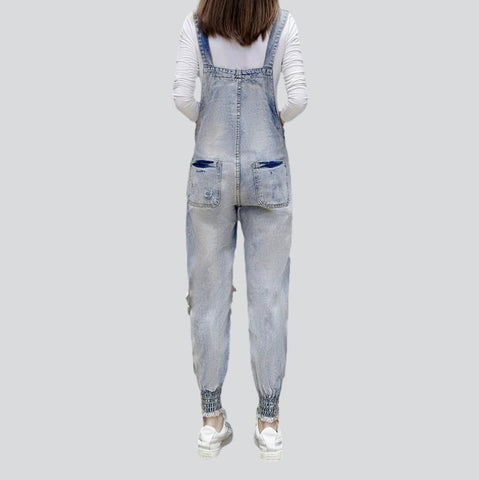 Women's head embroidery denim jumpsuit