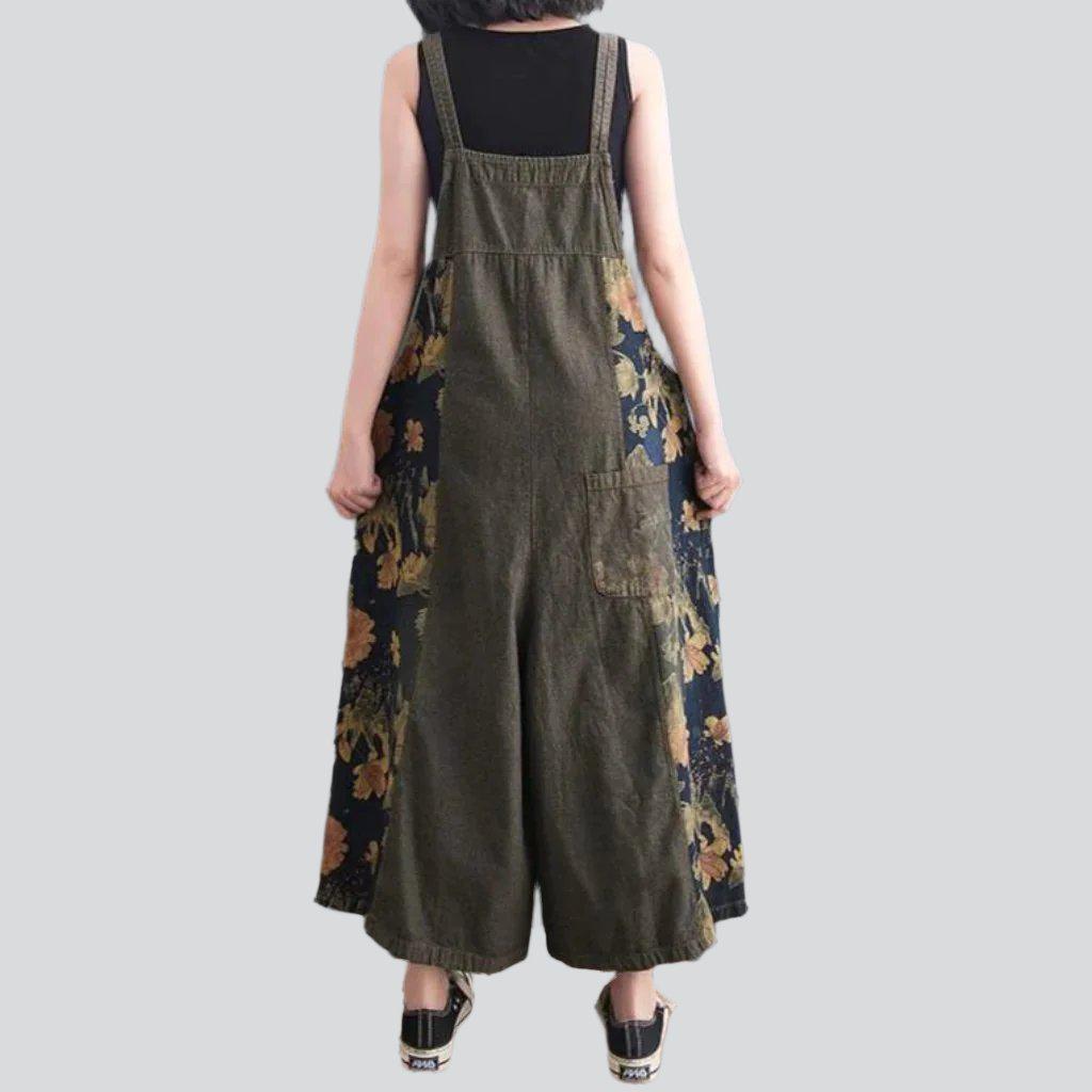 Wide-leg flowery women's denim jumpsuit