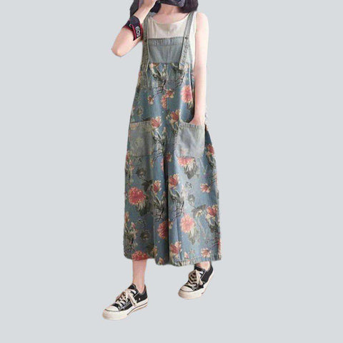 Wide-leg flowery women's denim jumpsuit