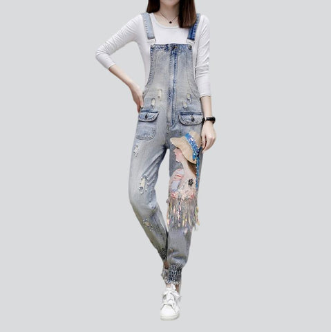 Women's head embroidery denim jumpsuit