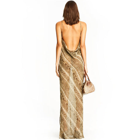 Animal Print Cowl Backless Sheer Chiffon Slit Slip Maxi Dress - Snake