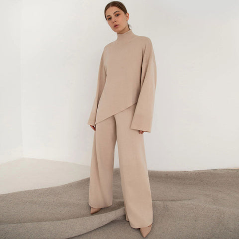 Asymmetric High Neck Bell Sleeve Sweater Wide Leg Pants Matching Set - Apricot