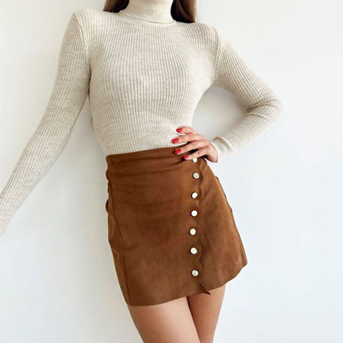 Asymmetric High Waist Scalloped Button Up Faux Suede Wrap Mini Skirt - Brown