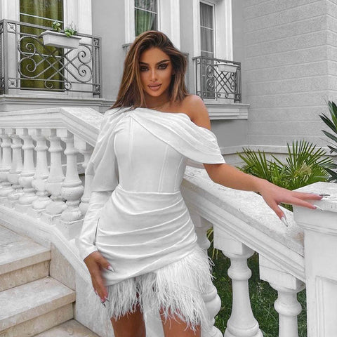 Asymmetric Puff Sleeve One Shoulder Feather Corset Mini Dress - White