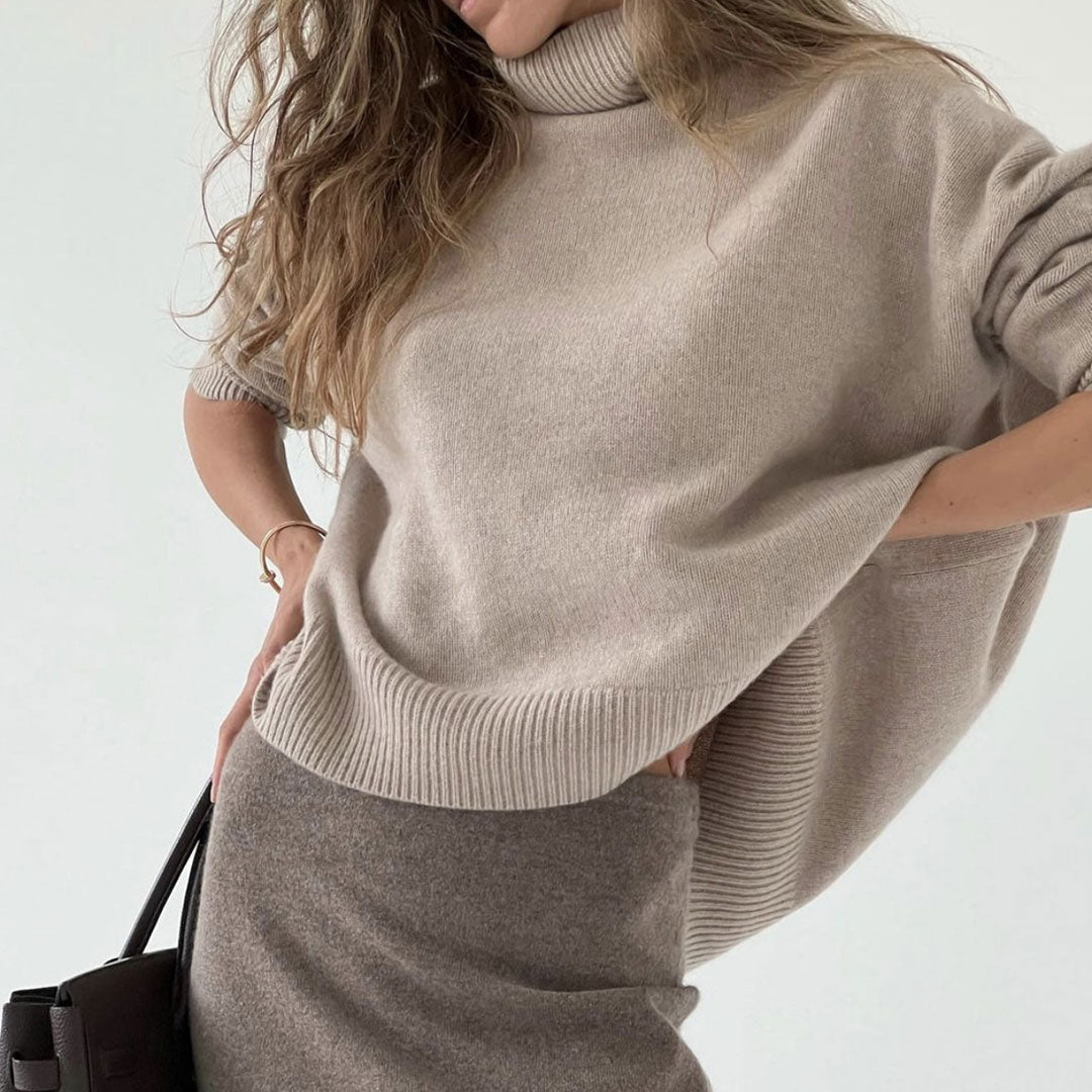 Asymmetric Rib Trim Turtleneck Long Sleeve Oversized Pullover Sweater - Camel