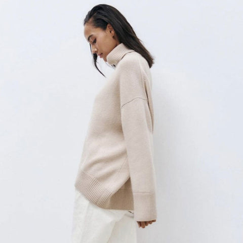 Asymmetric Rib Trim Turtleneck Long Sleeve Oversized Pullover Sweater - Camel