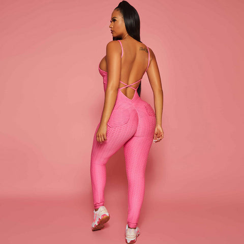 Athletic Deep V Neck Crossed Backless Honeycomb Jumpsuit - Hot Pink