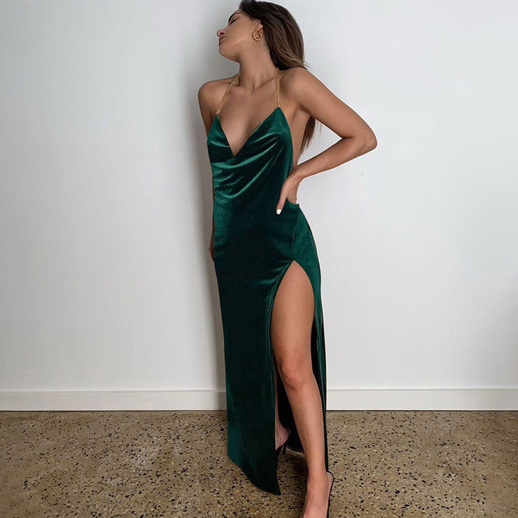 Backless Cowl Neck High Slit Velvet Slip Maxi Dress - Emerald Green