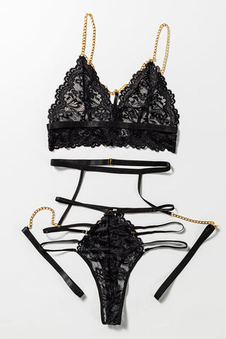 Black 3Pcs Gold Chain Decor Lace Strappy Gartered Lingerie Set