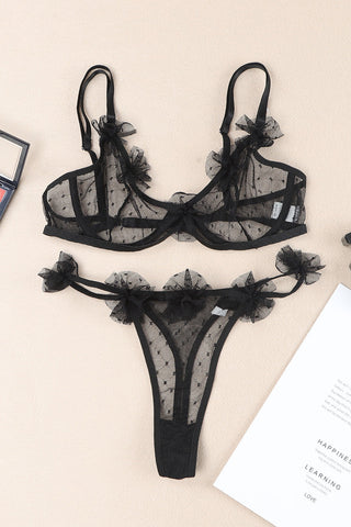 Black Embroidered Dot Tulle Bra And Thong Set