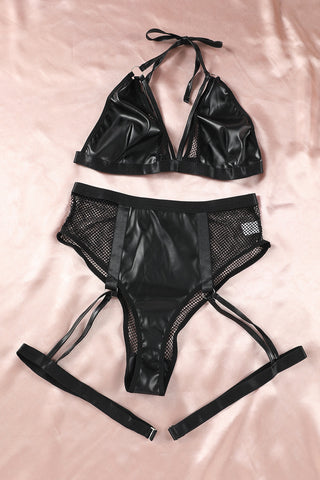 Black Halter Strappy Faux Leather Mesh Lingerie Set