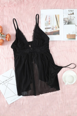 Black Lace Cups Tulle Babydoll Set