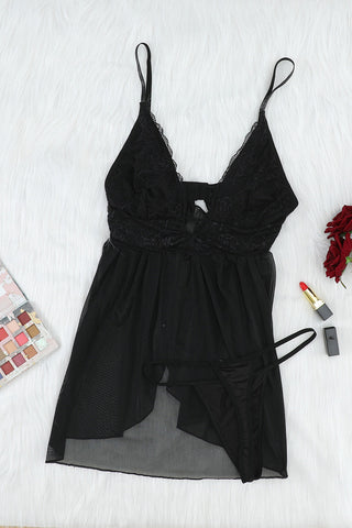 Black Lace Cups Tulle Babydoll Set