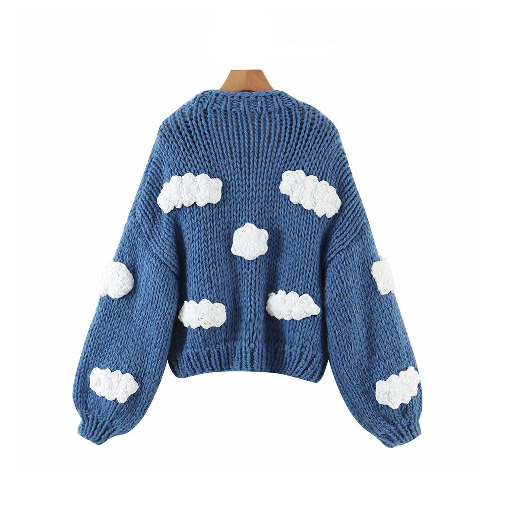 Cute Cloud Studded Bishop Sleeve Open Front Cardigan - Blue