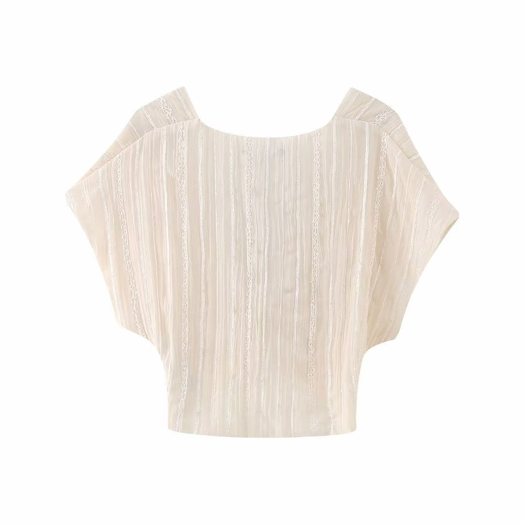 Dainty Lace Panel Deep V Twist Trim Dolman Sleeve Crop Top - Beige