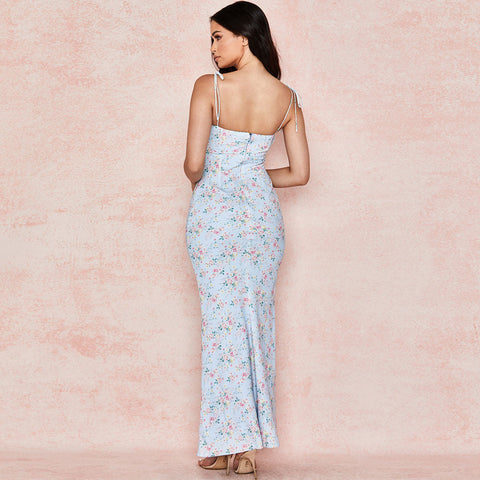 Daisy Printed Floss Strap Tied Bustier Slip Maxi Dress - Blue