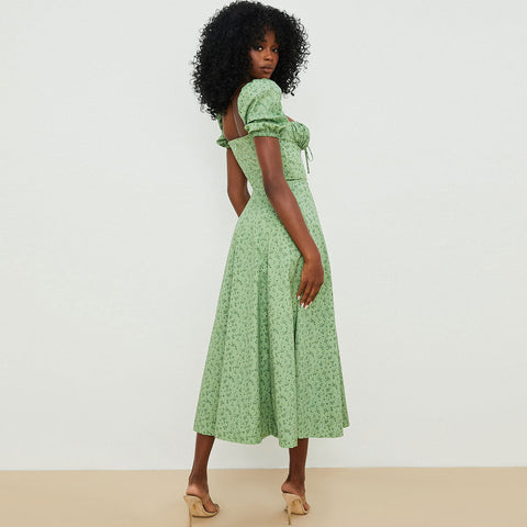 Daisy Printed Puff Sleeve High Slit Smock Maxi Sundress - Green