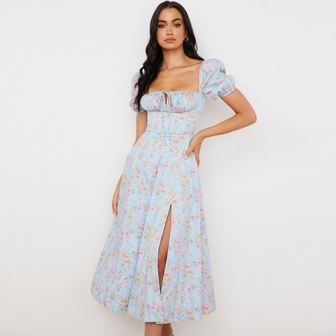 Daisy Printed Puff Sleeve High Slit Smock Maxi Sundress - Light Blue