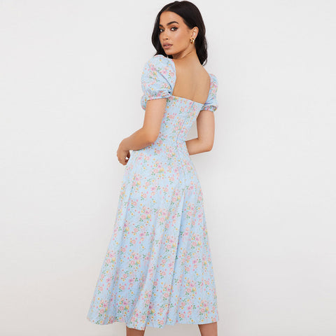 Daisy Printed Puff Sleeve High Slit Smock Maxi Sundress - Light Blue