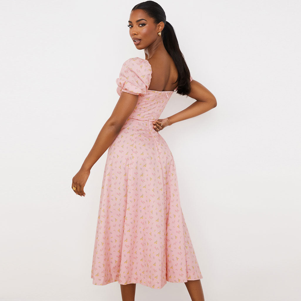 Daisy Printed Puff Sleeve High Slit Smock Maxi Sundress - Pink